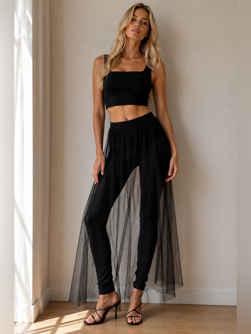 NU Designer Black Leggings with Sheer Tulle Overlay Skirt Size 2